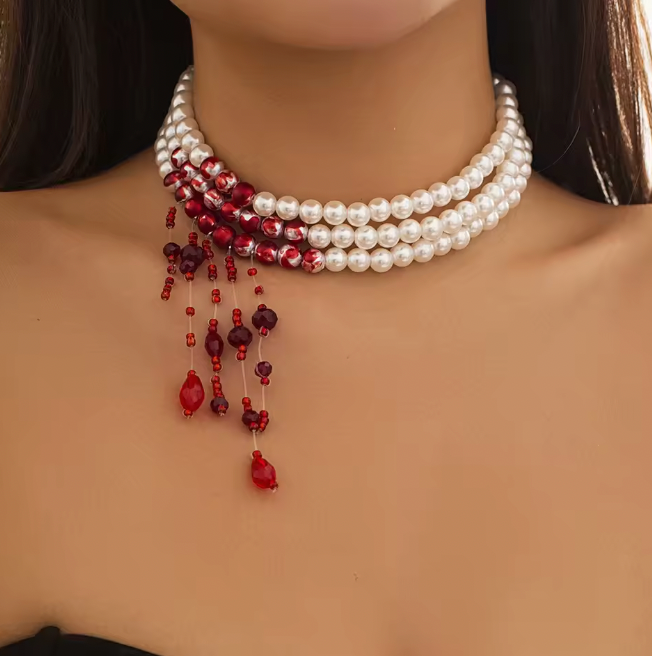 Gothic Vampire Pearl Choker with Dripping Blood Beads