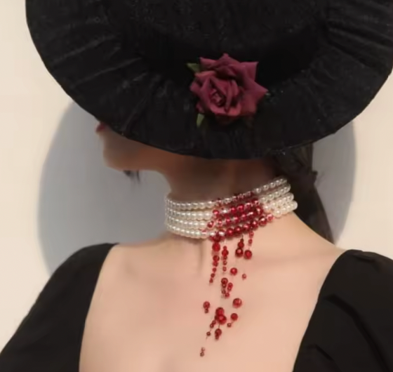 Gothic Vampire Pearl Choker with Dripping Blood Beads